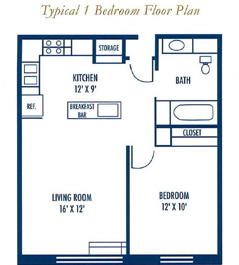 Floor plan for 1 bed, 1 bath